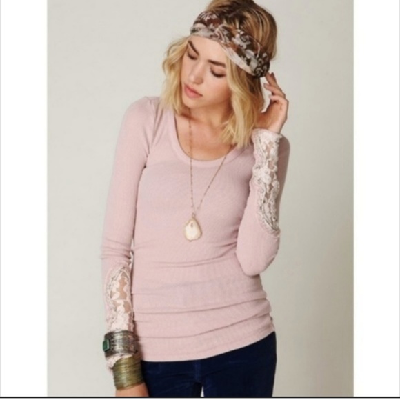 Free People Tops - Free People Thermal Crafty Cuff Lace Slv Pink Top
